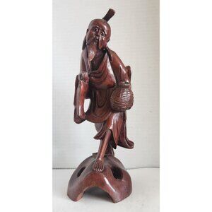 Hand-Carved Wooden Chinese Sage Statue With Basket & Fish On Stand